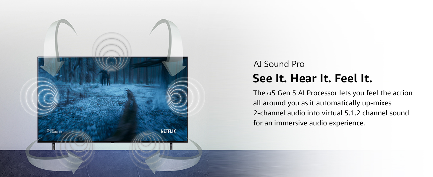 automatically up-mixes 2-channel audio into virtual 5.1.2 channel sound 